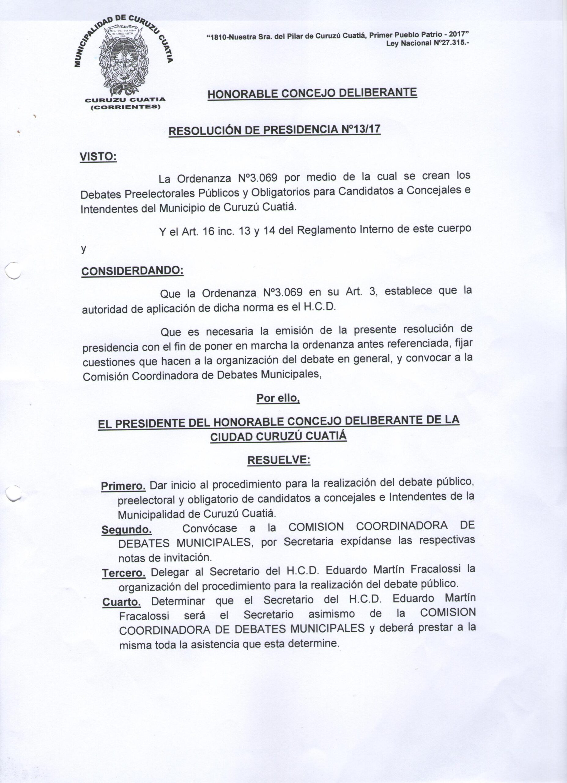 Resolución de Presidencia N° 13 Inicio al procedimiento de creación a Debates públicos obligatorios