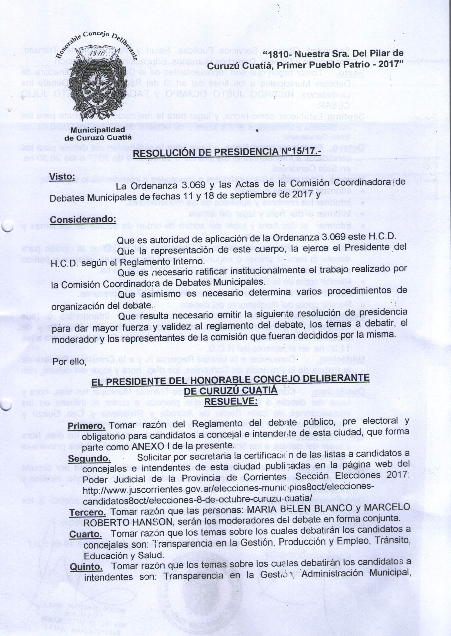 Resolución de Presidencia N° 15 Actas y reglamento de Debates Públicos y Obligatorios