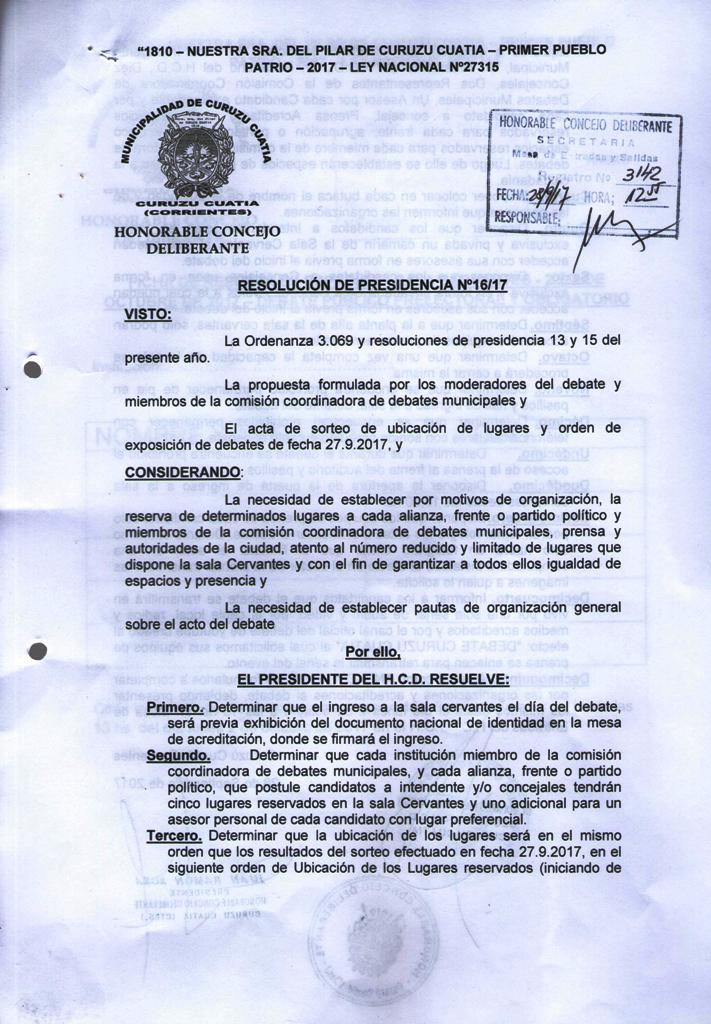 Resolución de Presidencia N° 16/17 – Organización en el lugar del Debate
