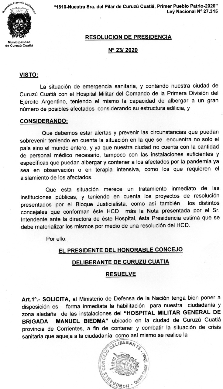 A través de la Resolución de Presidencia N° 23/2020 solicitan la disposición las instalaciones del Hospital Militar de nuestra ciudad