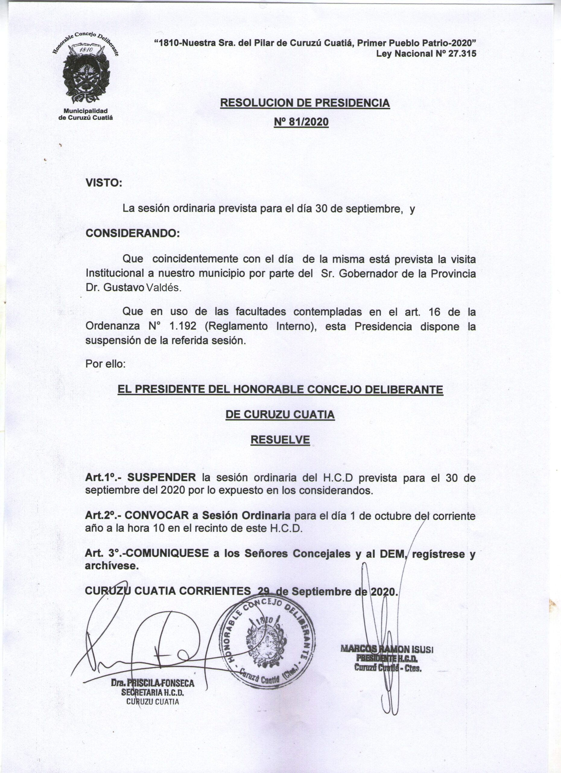Cambio de día de la sesión por la visita del Gobernador Valdés