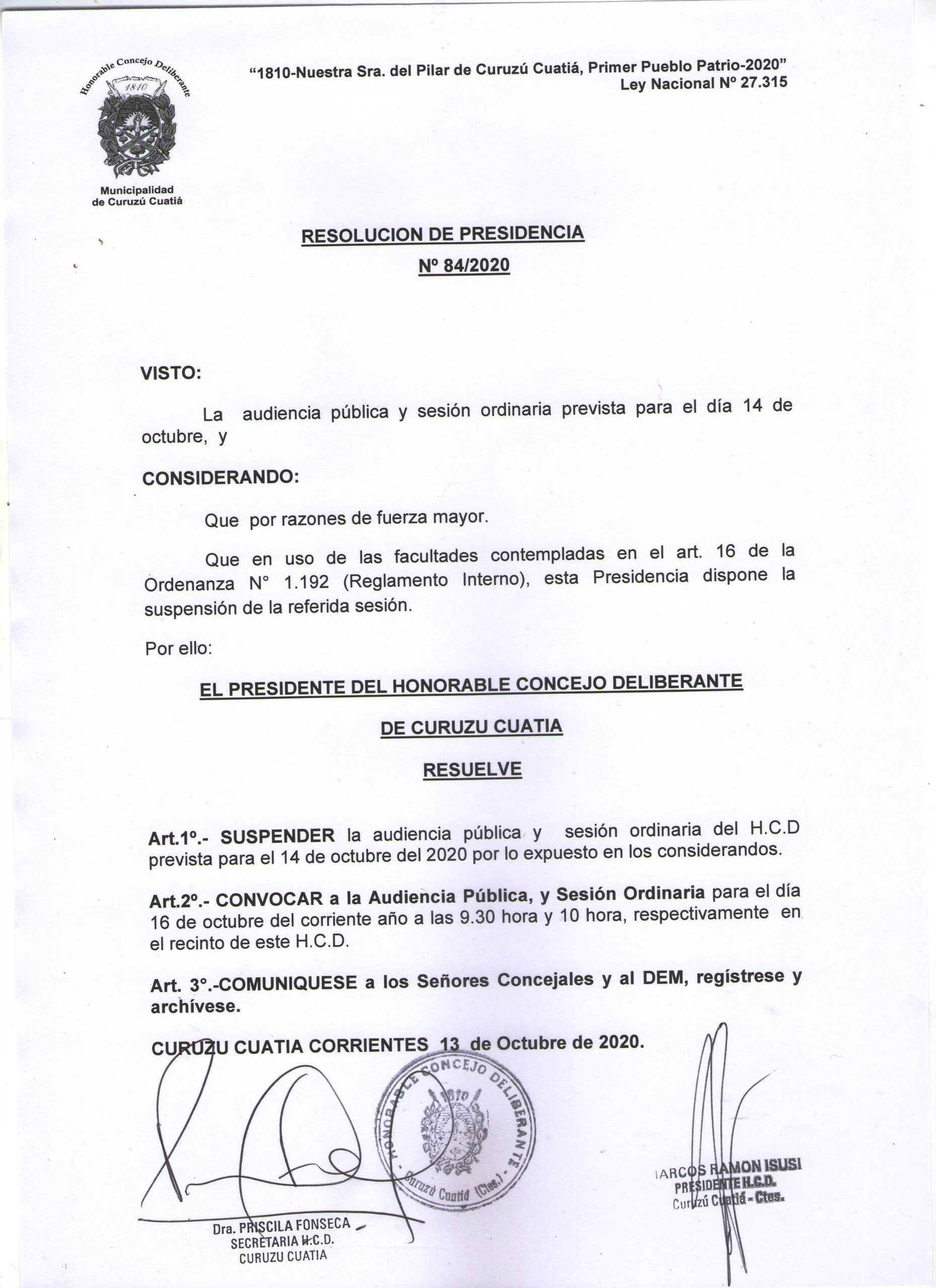 Cambio de día de la sesión prevista para este miércoles 14