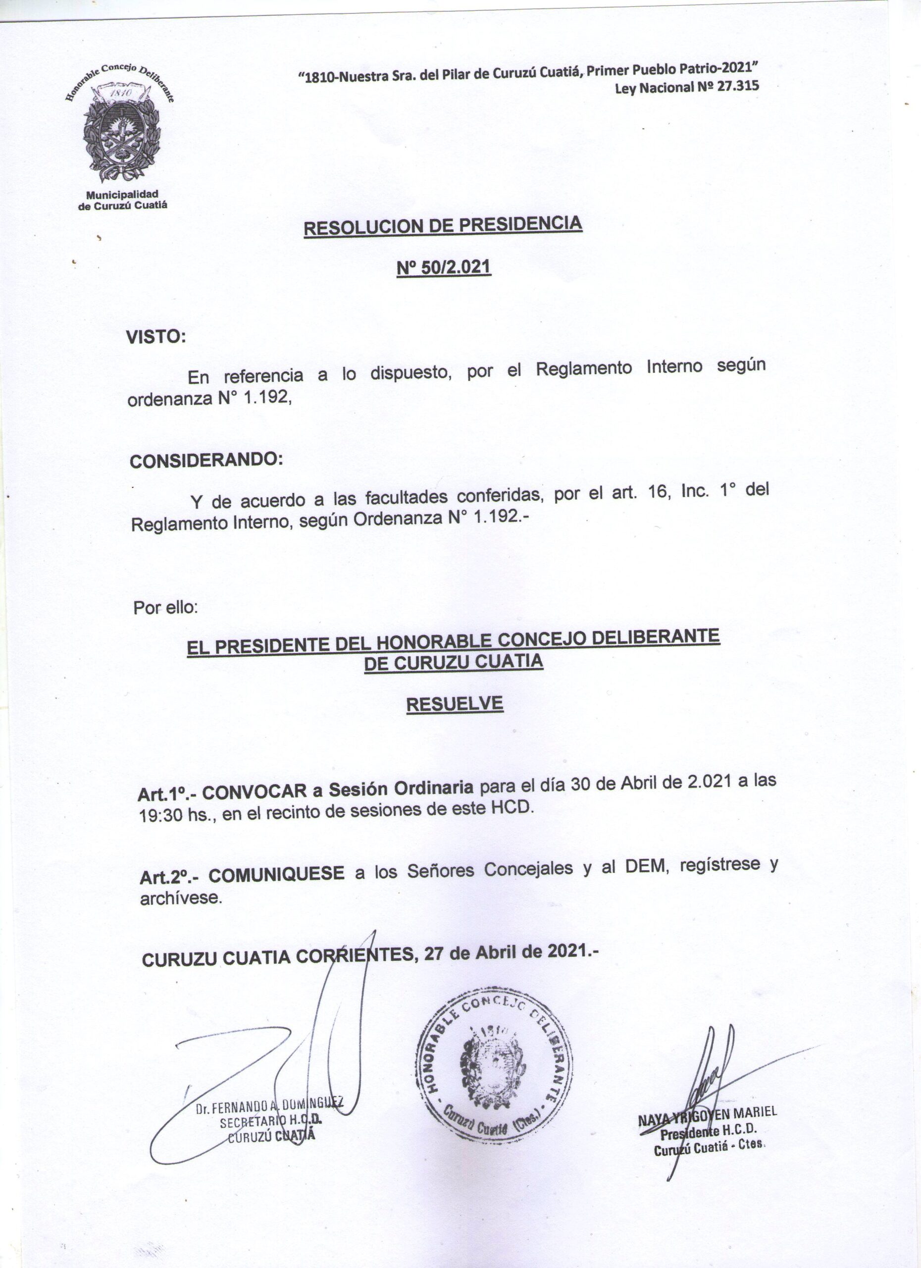 Convocatoria a sesión para este viernes 30 de abril