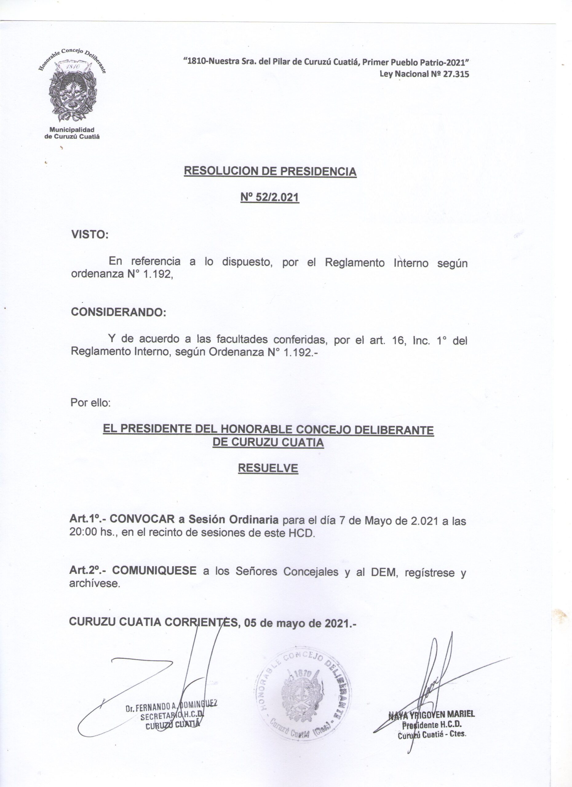 Convocatoria a sesión para este viernes 7 de mayo