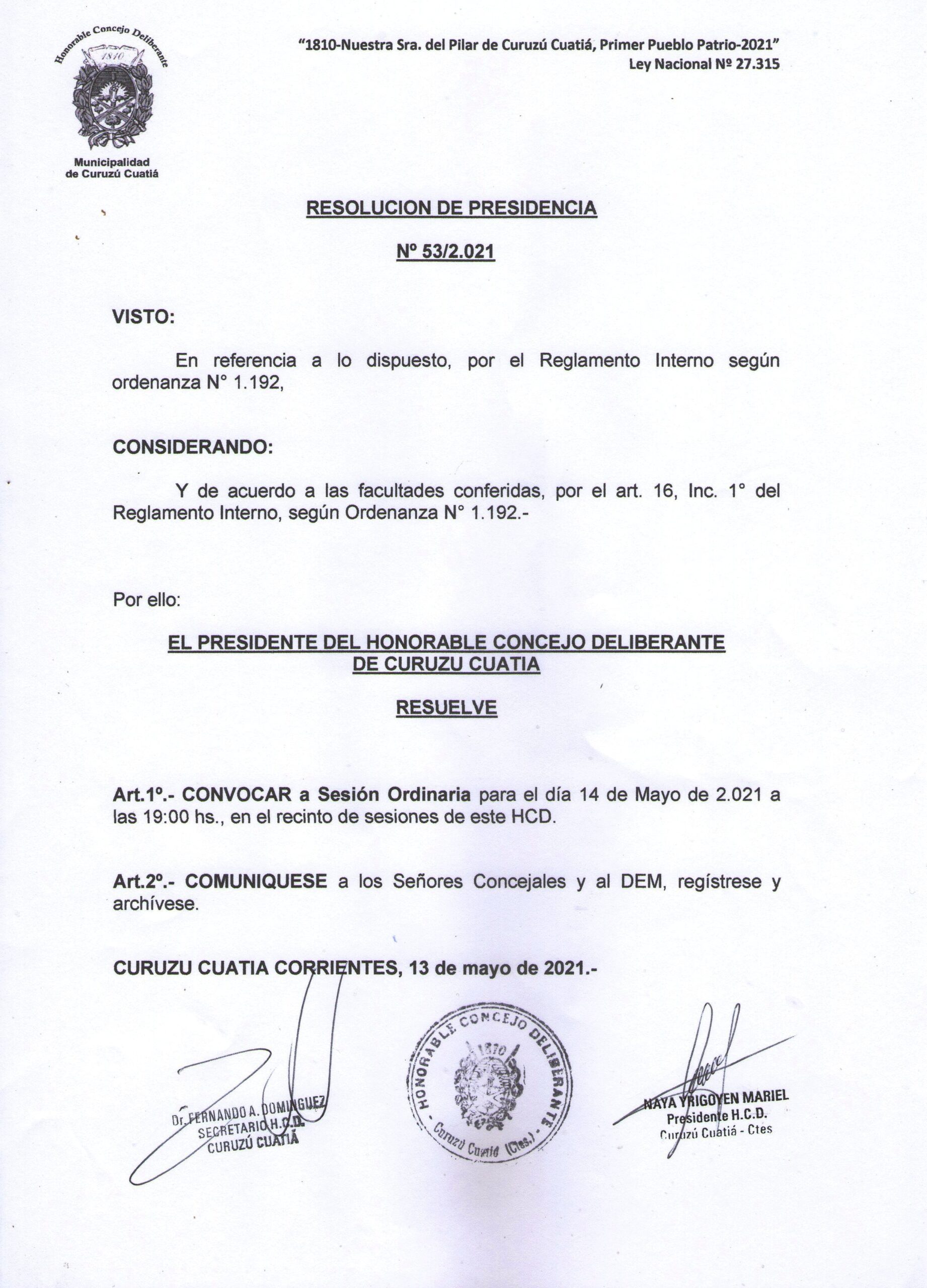 Convocatoria a sesión para este viernes 14 de mayo
