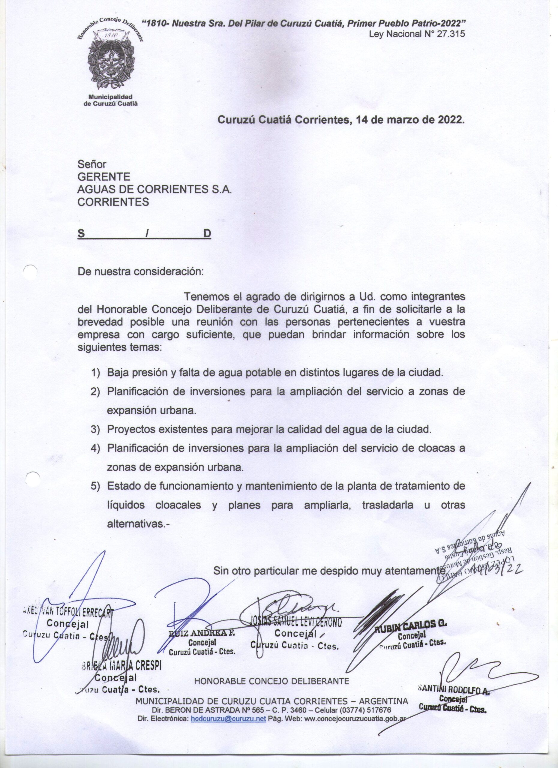 El Concejo Deliberante solicitó a Aguas de Corrientes a la brevedad una reunión